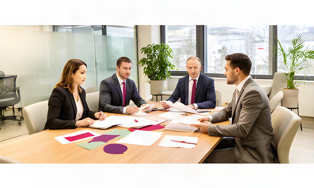 Equipo de abogados reunido en una sala luminosa de Nigrán revisando documentos sobre una mesa