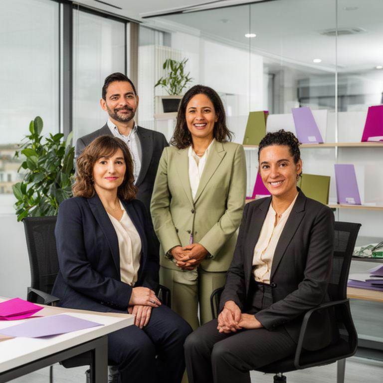 Cuatro profesionales del despacho legal posando en una oficina contemporánea de Galicia