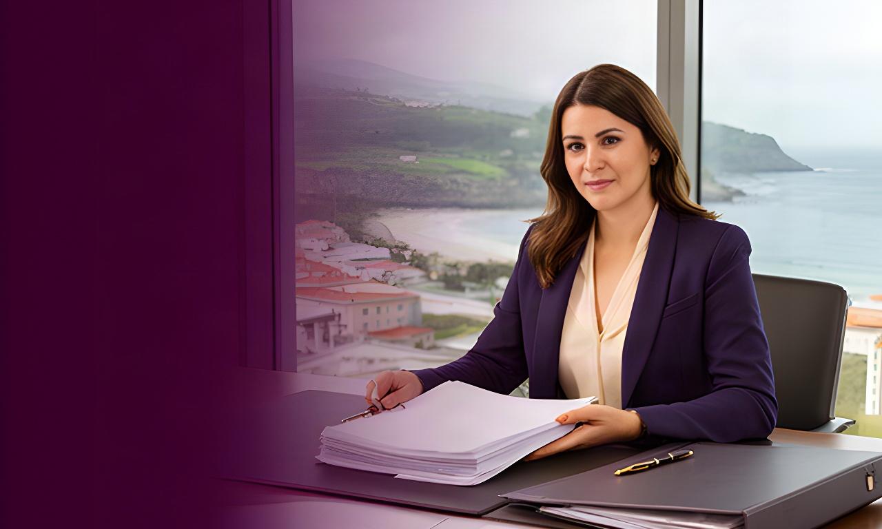Abogada revisando documentos en un despacho luminoso de Nigrán, con la costa de Galicia al fondo